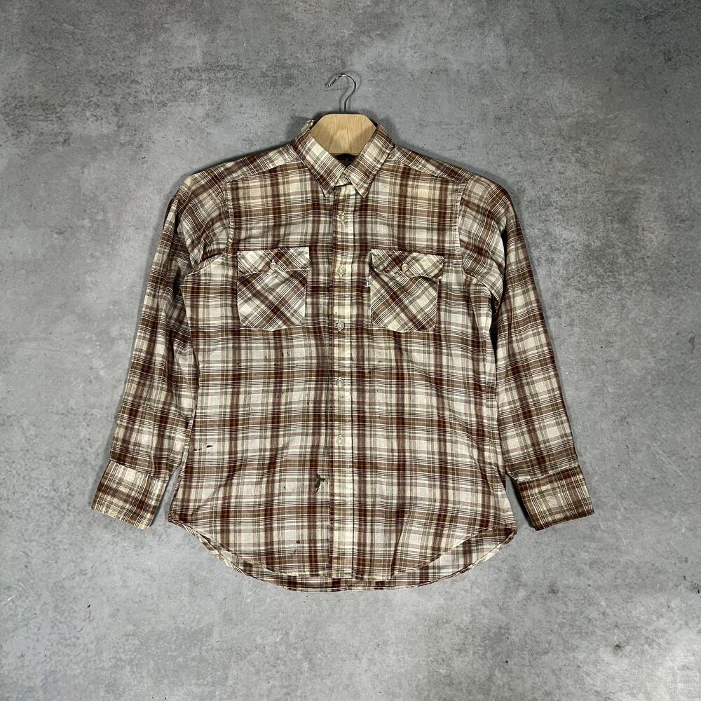 Vintage 1970's Brown Cream Plaid Men's Button Down Size Large Long Sleeve Shirt